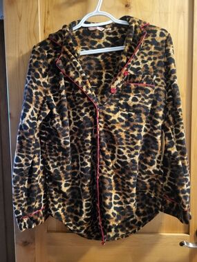 La Vie En Rose Leopard Print Teddy Jacket with Red Trim